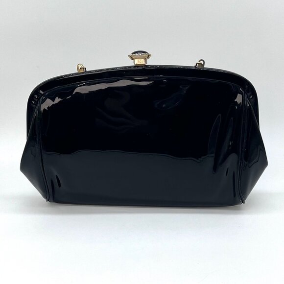 Vintage Black Patent Vinyl Clutch Bag Chain Strap Retro Purse - Picture 3 of 9